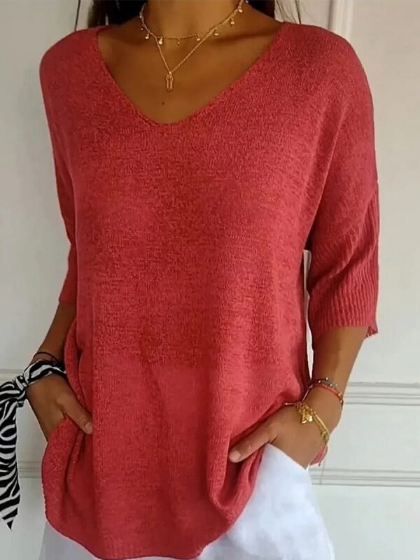 Solid Color Knitted V-Neck Top