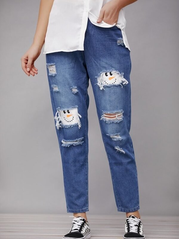 Women's Snowman Face Patchwork Casual Loose Jeans