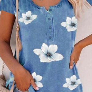 Floral Print Buttons Short Sleeves T-shirt