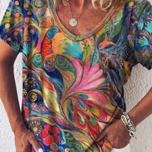 Peacock Print Round Neck Short Sleeves T-shirt