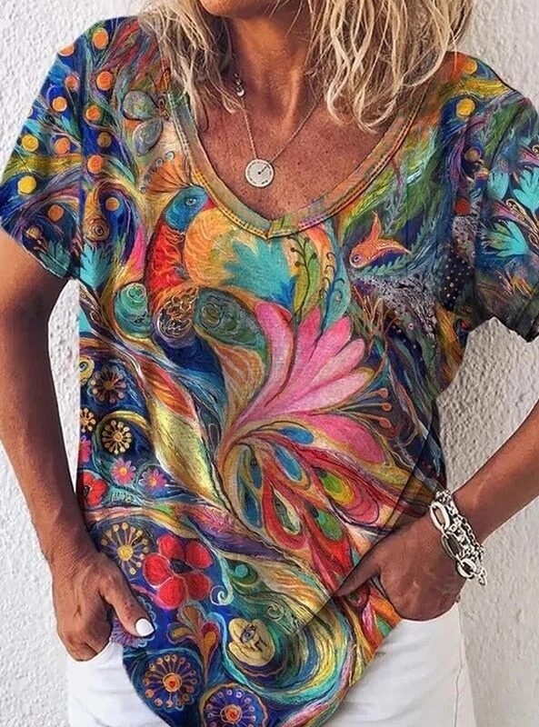 Peacock Print Round Neck Short Sleeves T-shirt